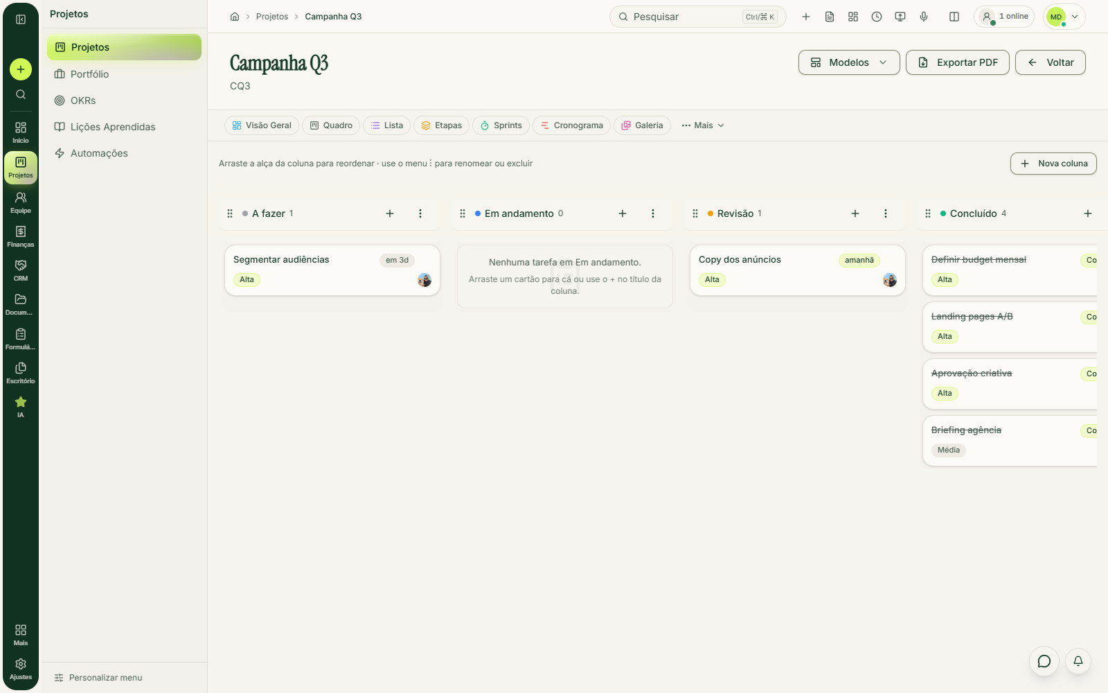 Quadro kanban do FAYOL com as tarefas distribuídas por colunas.